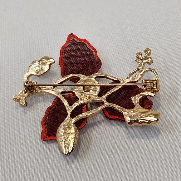 Kenneth Cole Red Mesh Poinsettia Brooch Pin Holiday Christmas Enamel Rhinestone - Picture 3 of 5